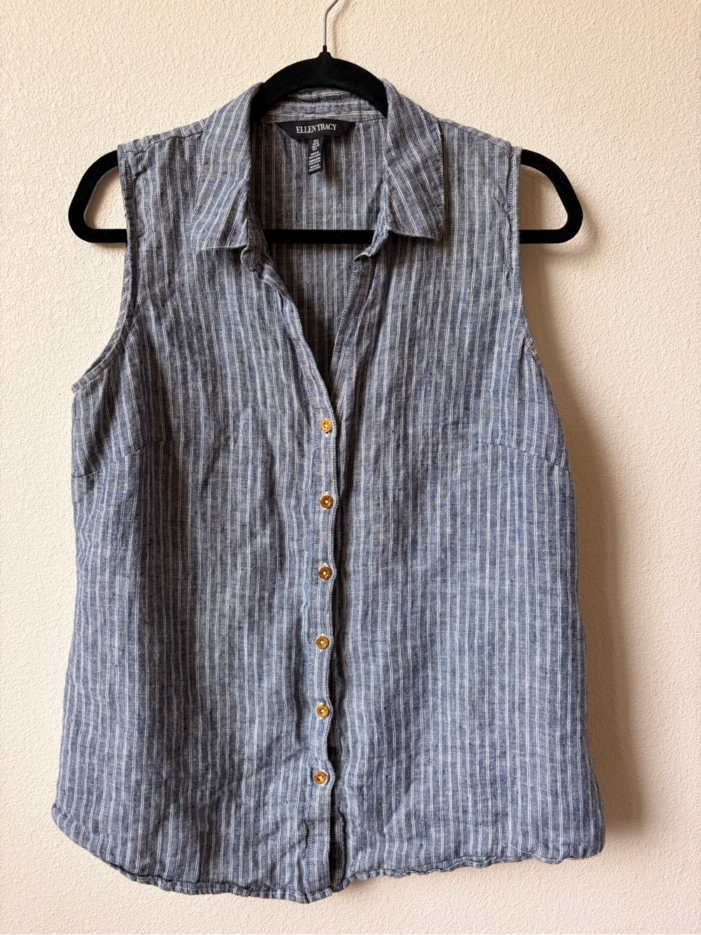 Ellen Tracy Navy and White Striped Linen Sleeveless Button-Down Shirt